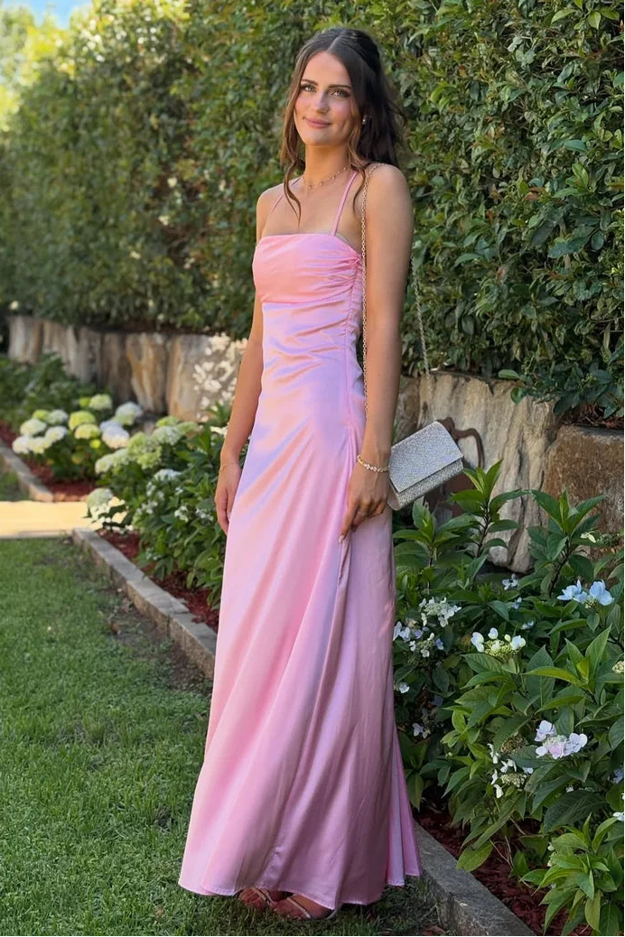Pretty Pink Satin A-Line Spaghetti Straps Maxi Party Prom Dress