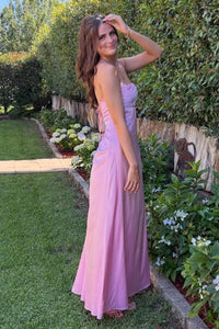 Pretty Pink Satin A-Line Spaghetti Straps Maxi Party Prom Dress