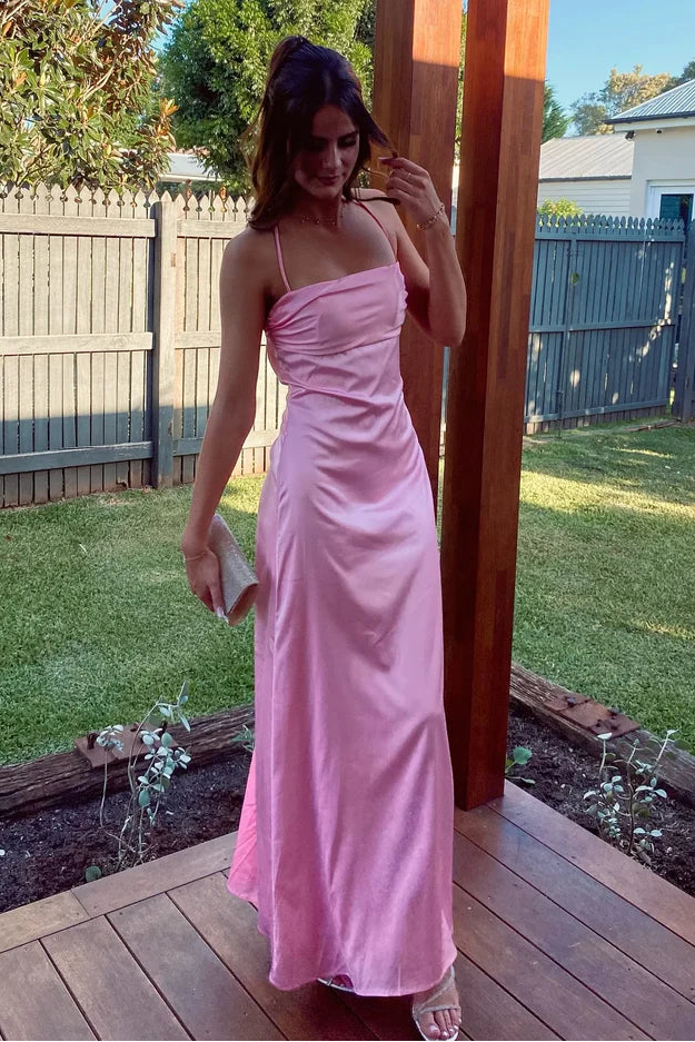 Pretty Pink Satin A-Line Spaghetti Straps Maxi Party Prom Dress