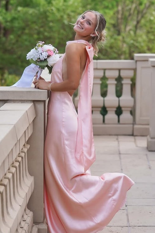 Pretty Pink Satin High Neck Backless Party Prom Dress With Bow