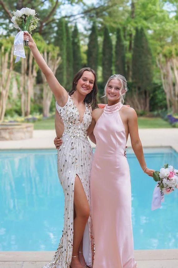 blue dress for baby girl A Line V Neck Satin Backless Long Pink Prom Dresses with High Slit, V –  Shiny Party main image 1