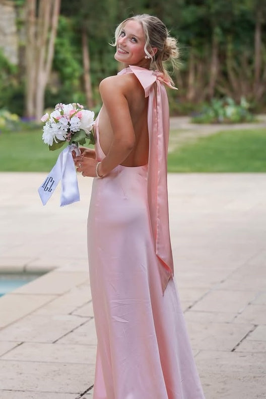Pretty Pink Satin High Neck Backless Party Prom Dress With Bow