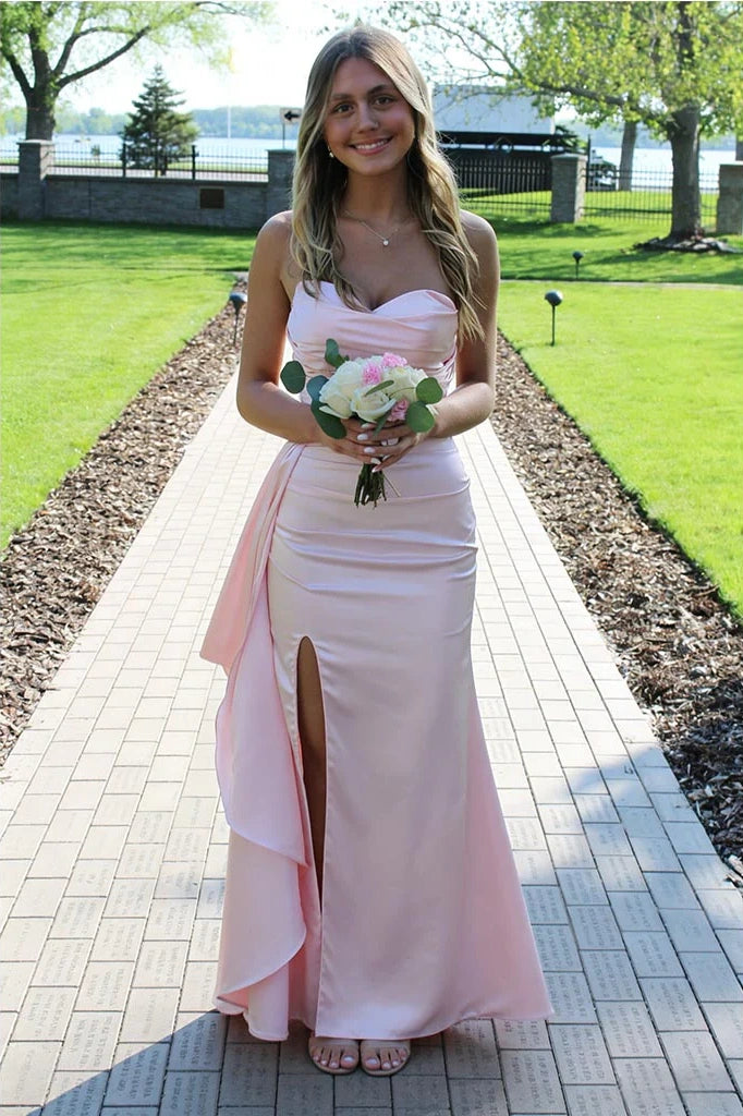 Pretty Pink Satin Mermaid Ruffle Split Party Prom Dress
