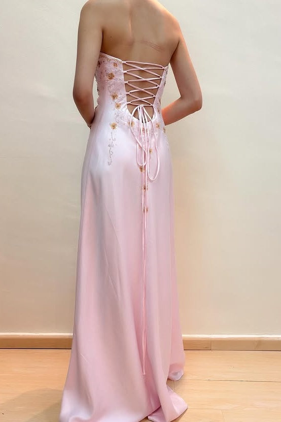 Pretty Pink Strapless Beaded Appliques Satin Party Prom Dress