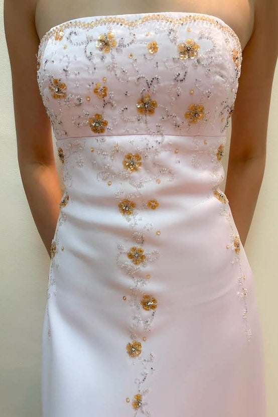 Pretty Pink Strapless Beaded Appliques Satin Party Prom Dress