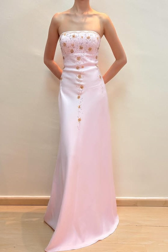 Pretty Pink Strapless Beaded Appliques Satin Party Prom Dress