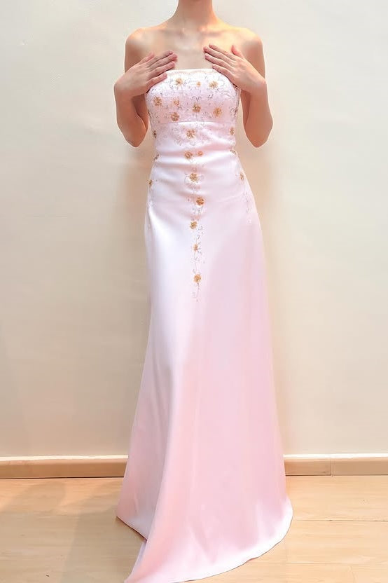 Pretty Pink Strapless Beaded Appliques Satin Party Prom Dress
