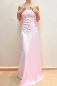Pretty Pink Strapless Beaded Appliques Satin Party Prom Dress