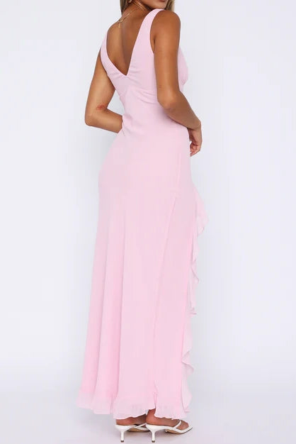 Pretty Pink V-Neck Sleeveless Satin Ruffle Leg Slit Party Prom Dress