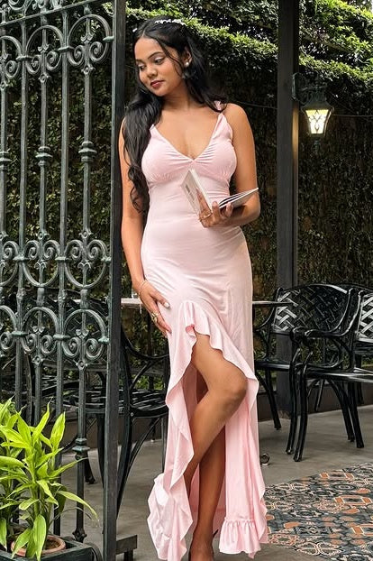 Pretty Pink V-Neck Sleeveless Satin Ruffle Leg Slit Party Prom Dress