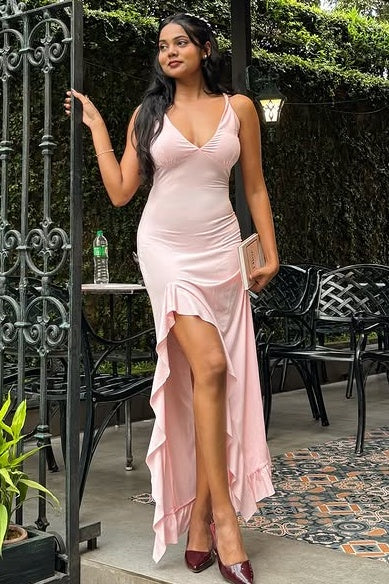 Pretty Pink V-Neck Sleeveless Satin Ruffle Leg Slit Party Prom Dress