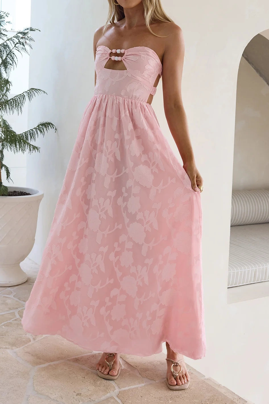 Pretty Satin A-Line Strapless Empire Floral Party Prom Dress