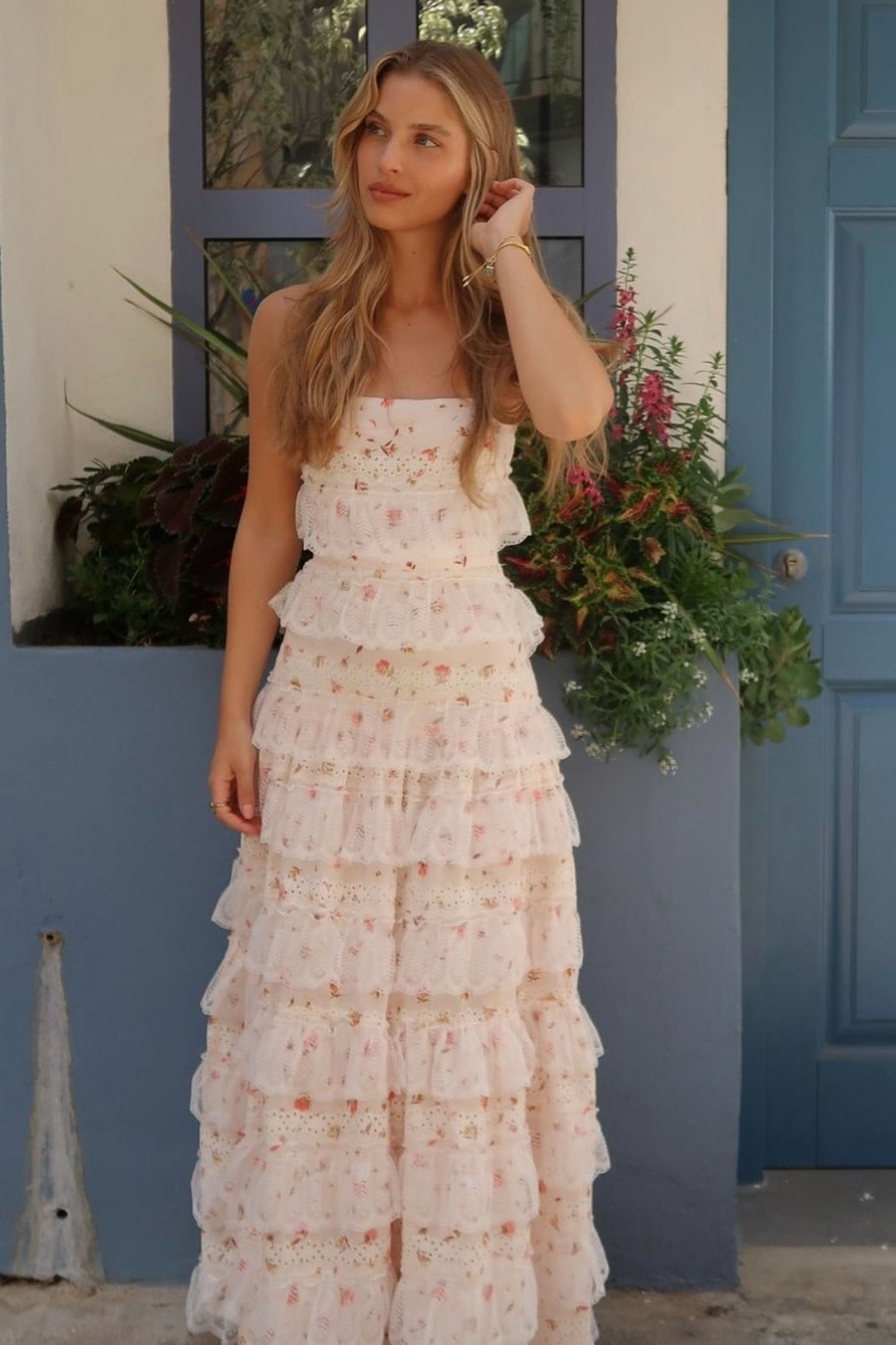 Pretty Square Sleeveless A-Line Tiered Floral Party Prom Dress