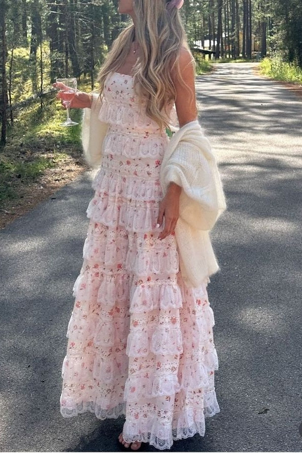 Pretty Square Sleeveless A-Line Tiered Floral Party Prom Dress