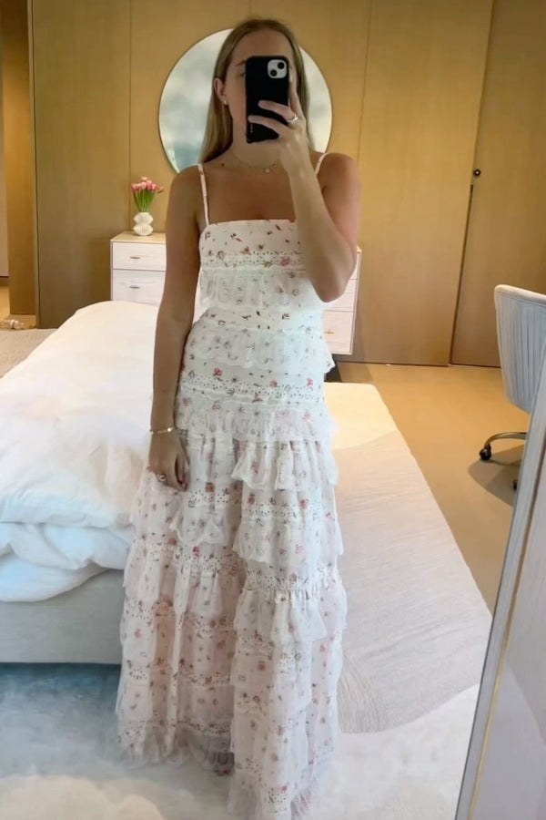 Pretty Square Sleeveless A-Line Tiered Floral Party Prom Dress
