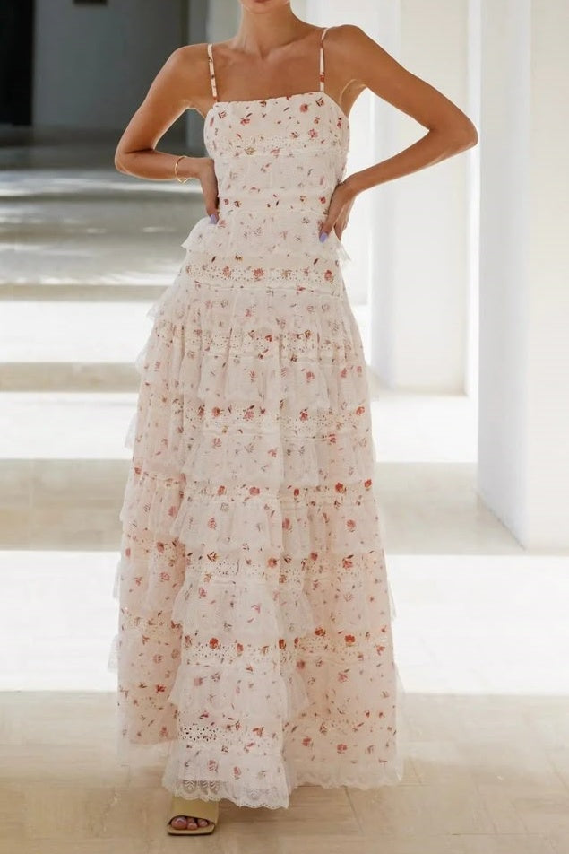 Pretty Square Sleeveless A-Line Tiered Floral Party Prom Dress