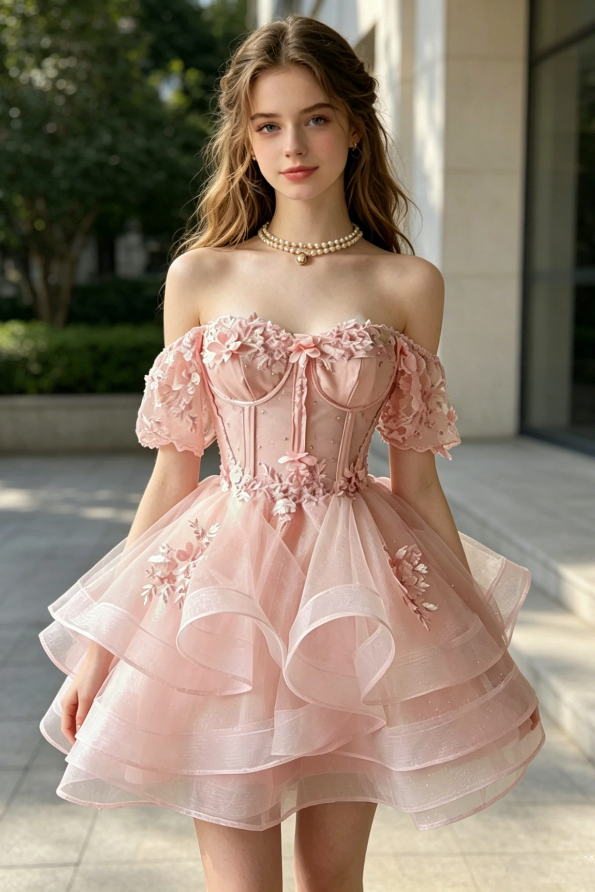 Princess Tiered Tulle A-Line Off-Shoulder Appliques Mini Party Homecoming Dress