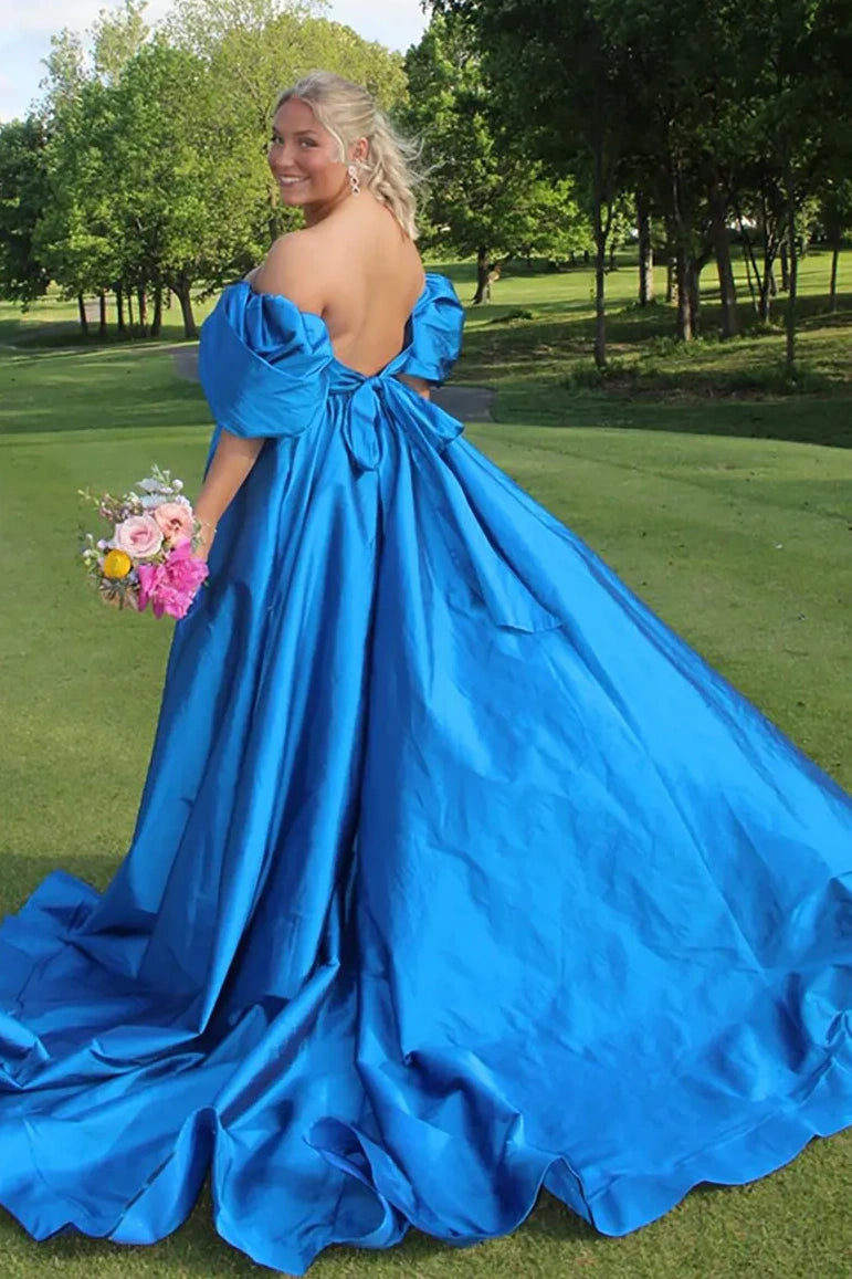 Puff Off-Shoulder Satin A-Line Empire Party Prom Dress With Slit