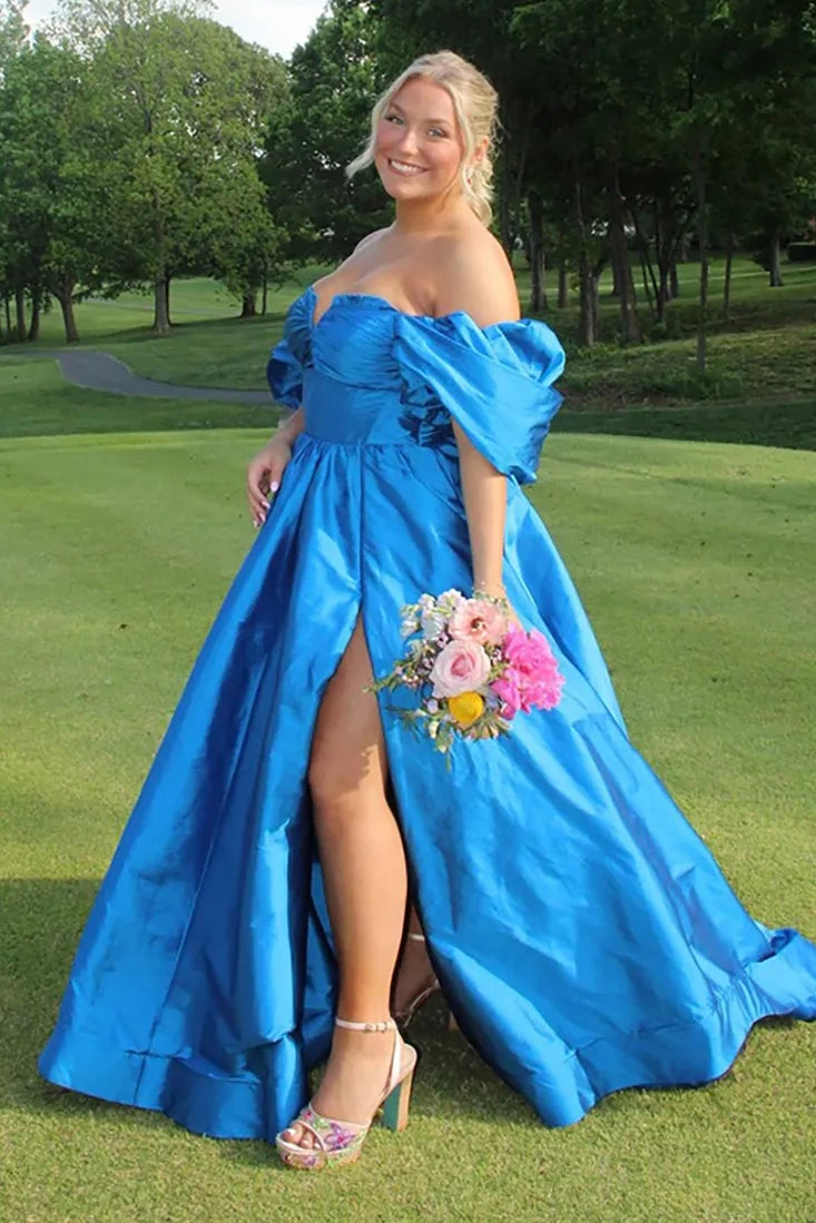 Puff Off-Shoulder Satin A-Line Empire Party Prom Dress With Slit