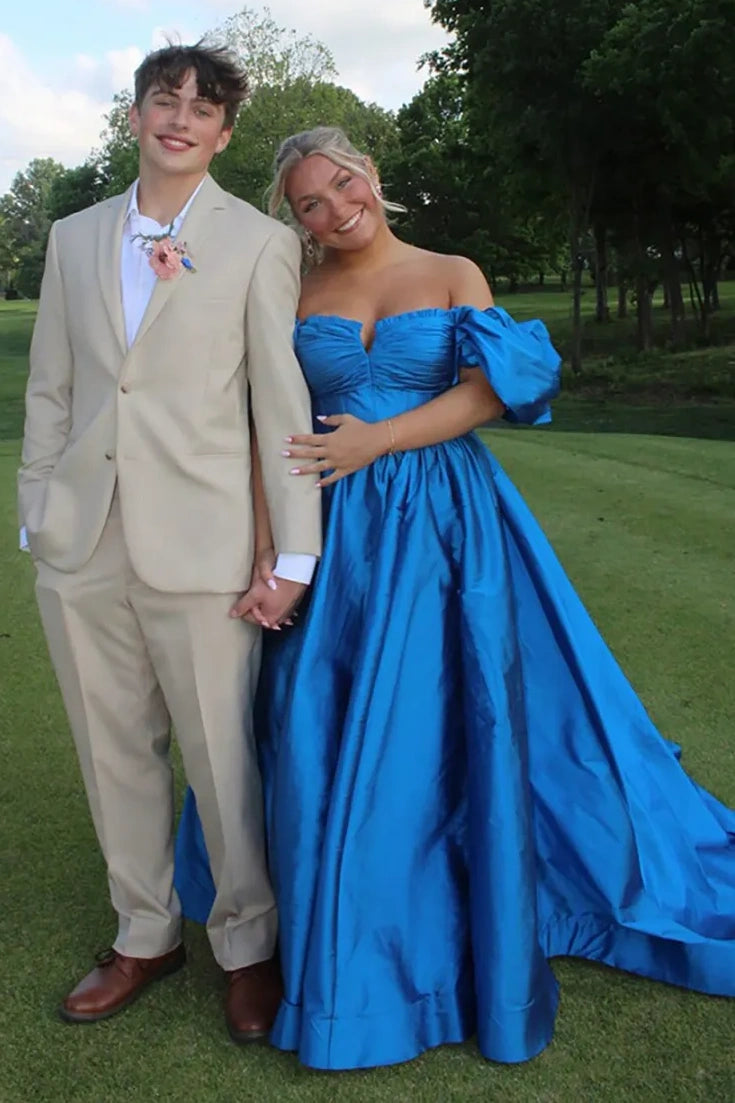 Puff Off-Shoulder Satin A-Line Empire Party Prom Dress With Slit