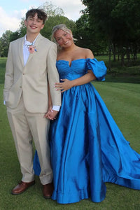 Puff Off-Shoulder Satin A-Line Empire Party Prom Dress With Slit