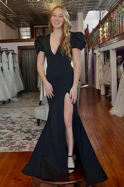 Puff Short Sleeves Mermaid Empire V-Neck Party Prom Dress With Slit