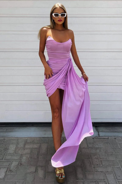 Purple Boat Strapless Fitted Ruched Homecoming Dress With Train