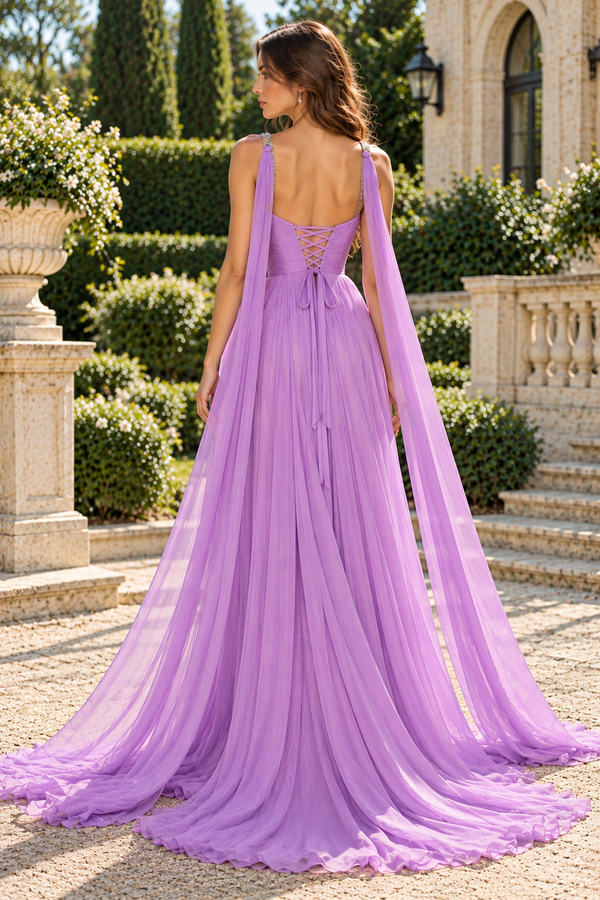 Purple Chiffon A-Line Beaded Straps Maxi Party Prom Dress With Shawl
