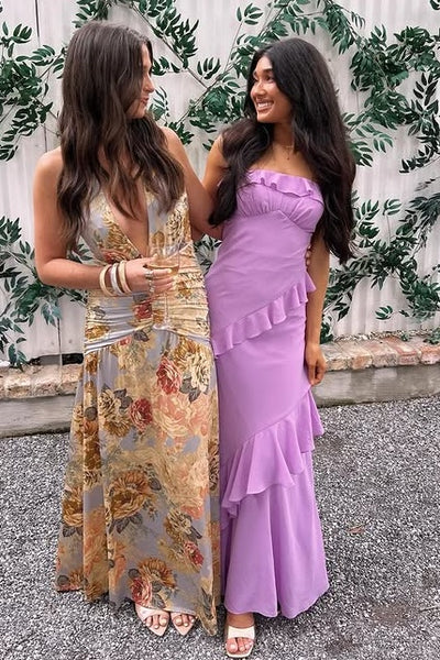 Purple Chiffon Sheath Ruffle Strapless Maxi Party Prom Dress