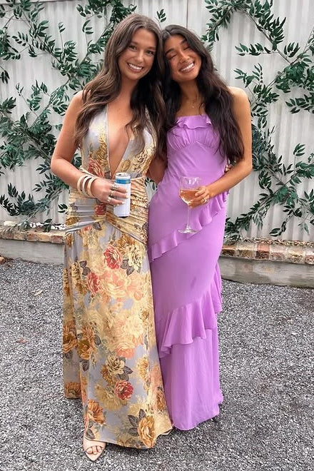 Purple Chiffon Sheath Ruffle Strapless Maxi Party Prom Dress