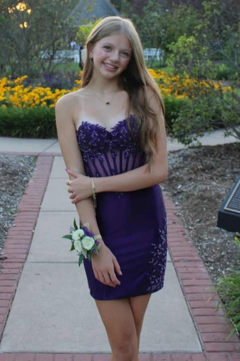 Purple Lace And Satin Strapless Fitted Homecoming Dress