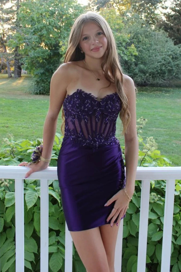 Purple Lace And Satin Strapless Fitted Homecoming Dress