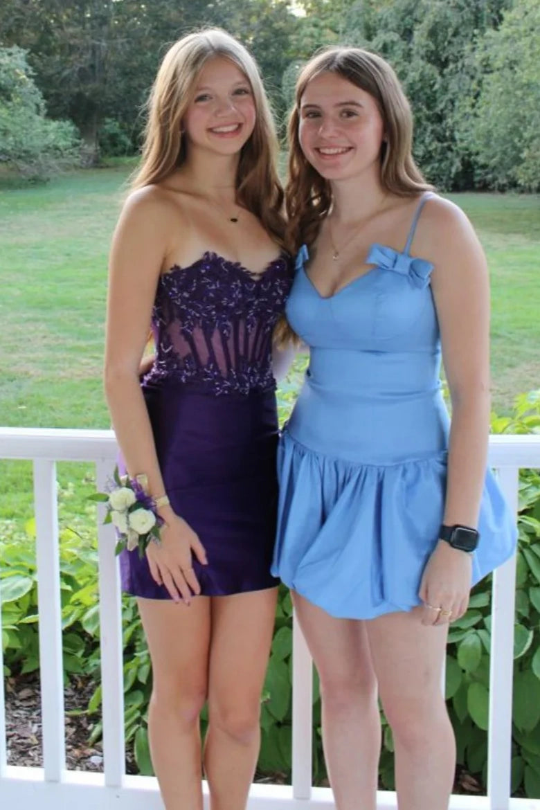 Purple Lace And Satin Strapless Fitted Homecoming Dress