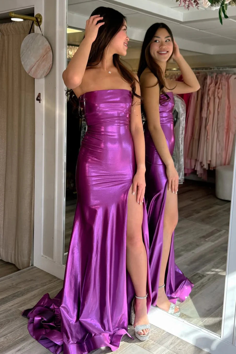 Purple Mermaid Strapless Lace-Up Party Prom Dress With Leg Slit