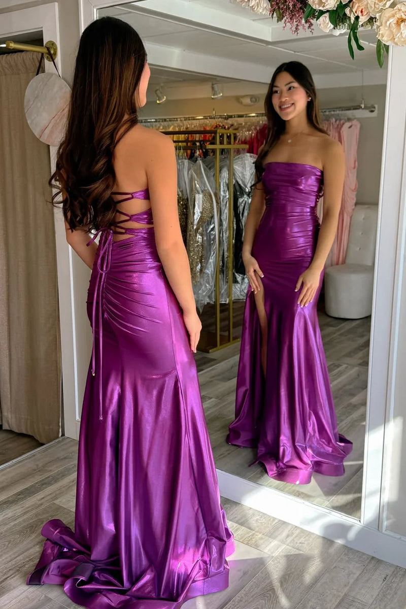 Purple Mermaid Strapless Lace-Up Party Prom Dress With Leg Slit