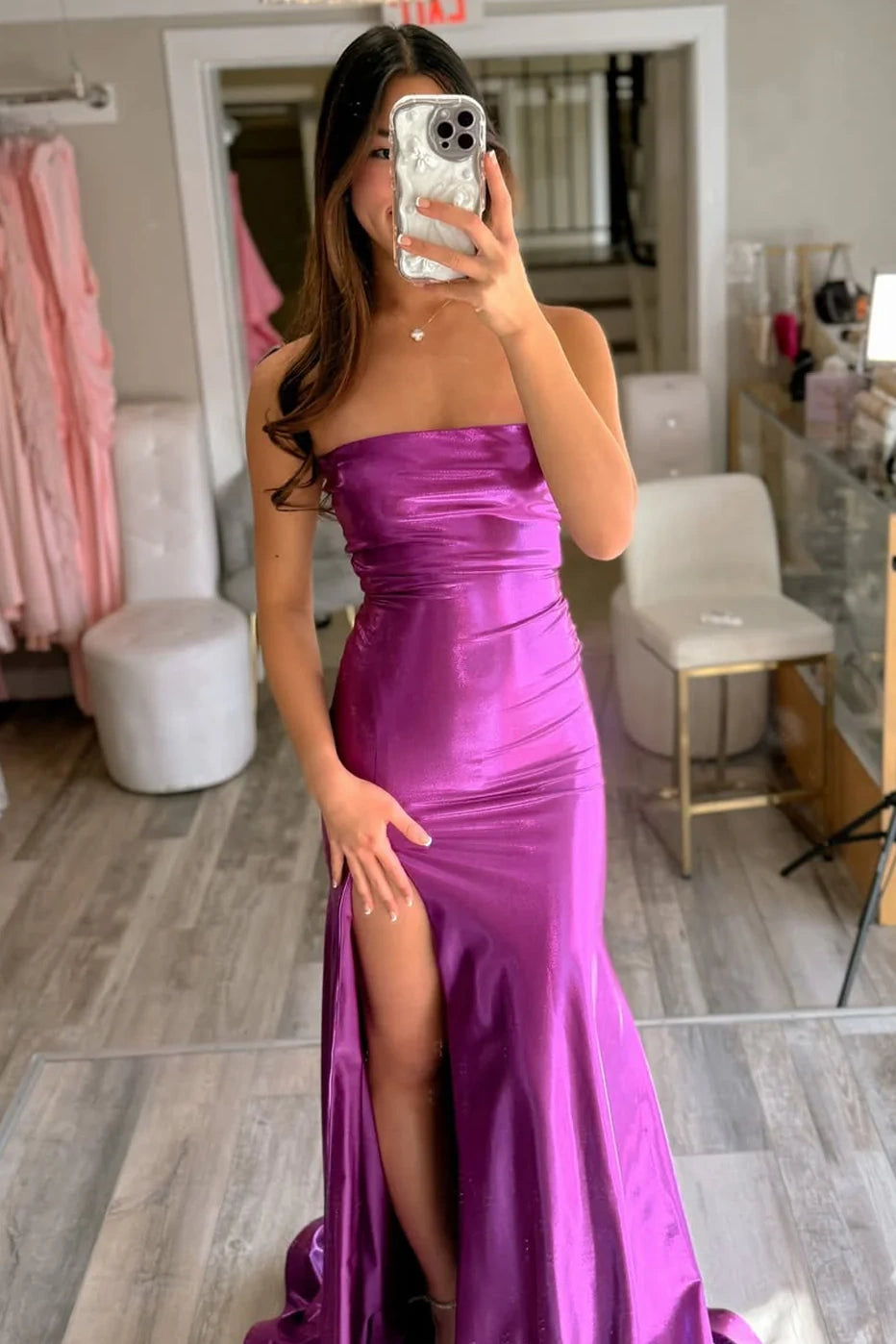Purple Mermaid Strapless Lace-Up Party Prom Dress With Leg Slit