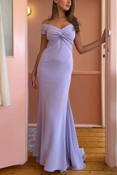 Purple Off-Shoulder Satin Mermaid Party Prom Dress With Train