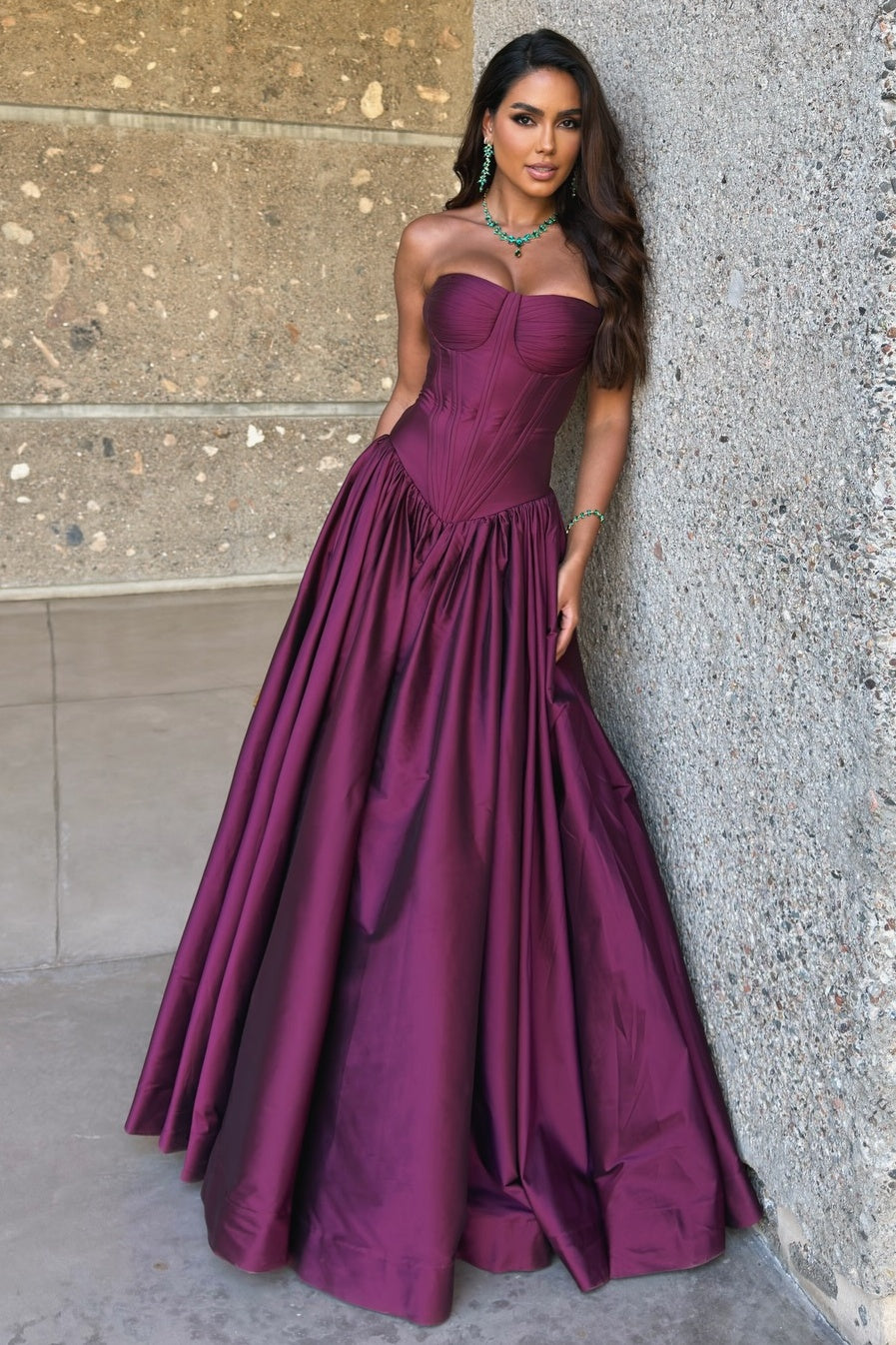 Purple Satin A-Line Strapless Floor-Length Maxi Party Prom Dress