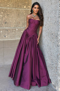 Purple Satin A-Line Strapless Floor-Length Maxi Party Prom Dress