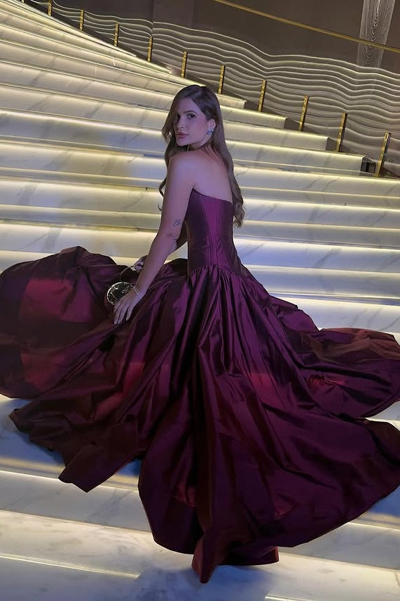 Purple Satin A-Line Strapless Floor-Length Maxi Party Prom Dress