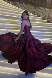 Purple Satin A-Line Strapless Floor-Length Maxi Party Prom Dress