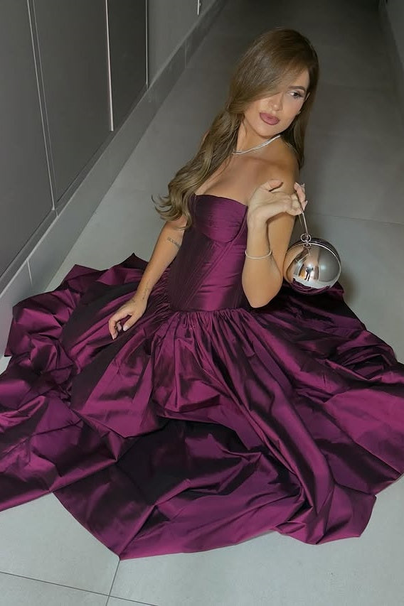 Purple Satin A-Line Strapless Floor-Length Maxi Party Prom Dress