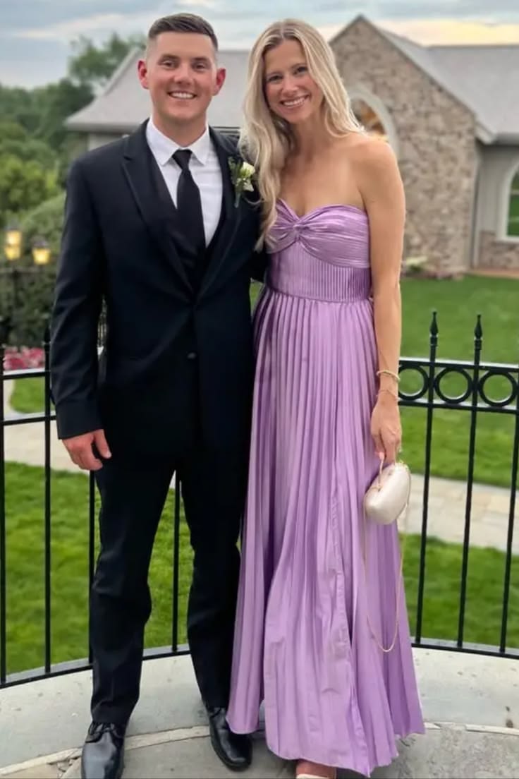 Purple Satin A-Line Sweetheart Strapless Pleated Party Prom Dress
