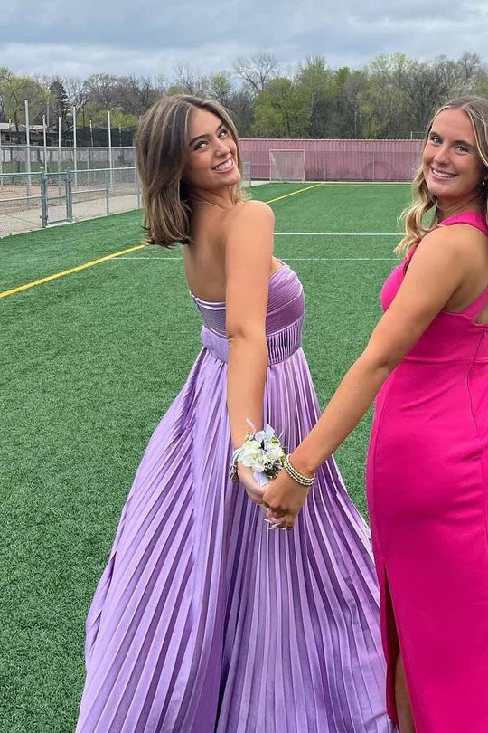 Purple Satin A-Line Sweetheart Strapless Pleated Party Prom Dress