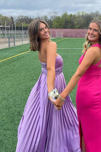 Purple Satin A-Line Sweetheart Strapless Pleated Party Prom Dress