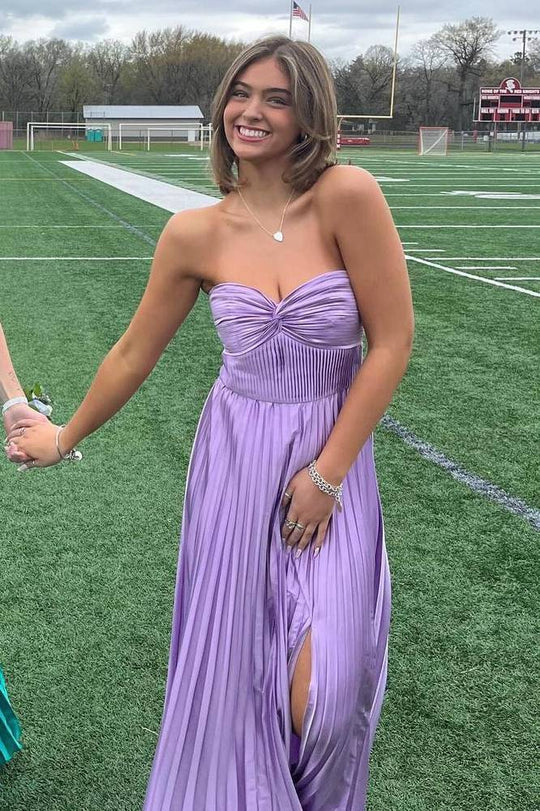 Purple Satin A-Line Sweetheart Strapless Pleated Party Prom Dress