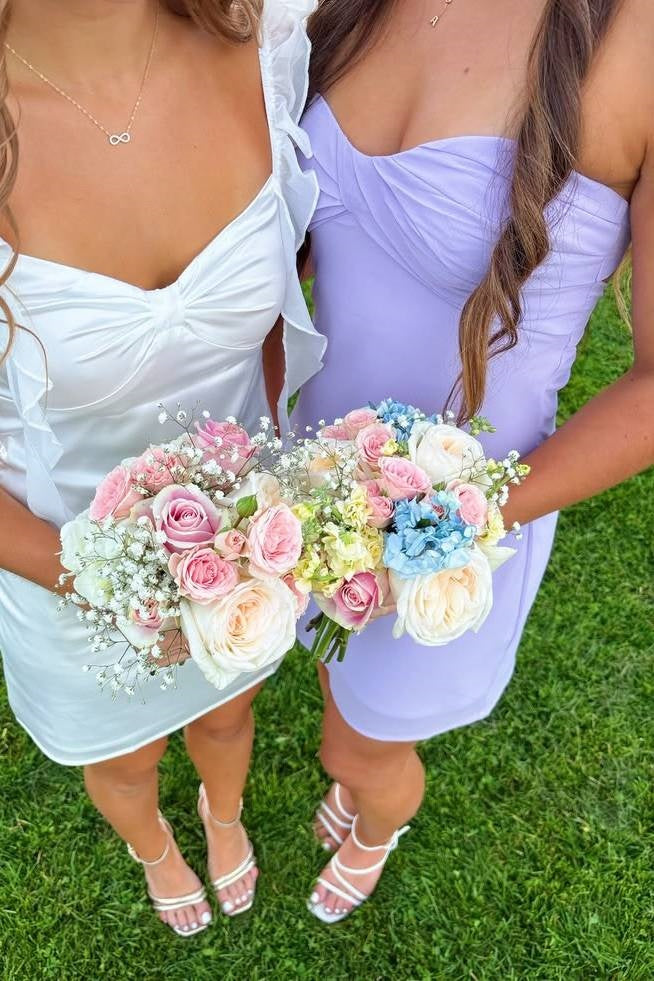 Purple Satin Sheath Pleated Strapless Mini Party Homecoming Dress