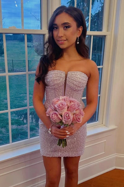 Purple Sequin And Beaded Fitted Strapless Mini Party Homecoming Dress
