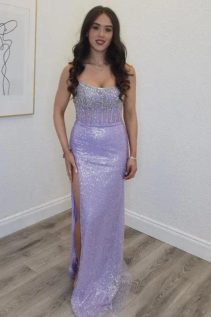 Purple Strapless Beaded Top Sequin Party Prom Dress With Slit