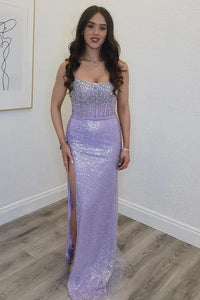 Purple Strapless Beaded Top Sequin Party Prom Dress With Slit